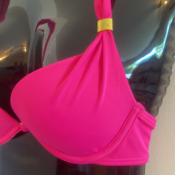 EUC 34A Push-Up Halter Tie Smart & Sexy Bikini Top Neon Hot Pink Bra Adj Band - Picture 2 of 11